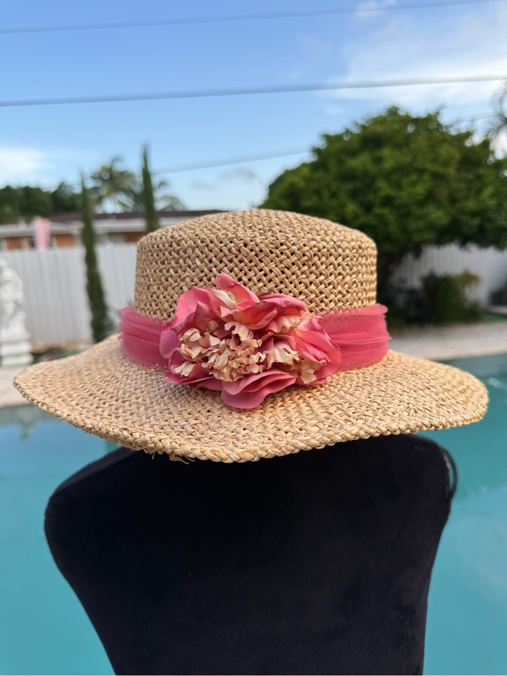 Straw Sun Hat with Pink Floral Band